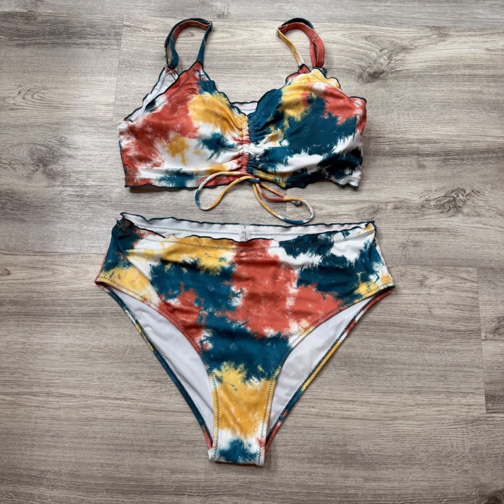 Unbranded Tie Dye Ribbed High Waisted Bikini Set Multi Color 2XL